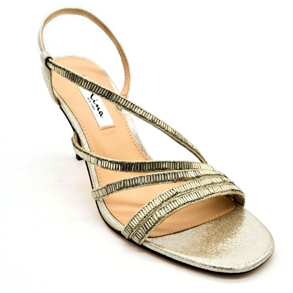 Nina New York Womens Sparkle Strappy Slingback Heels 8 Silver Leather NEW